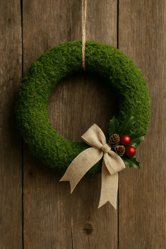 Mooskranz mit Schleife und roten Beeren als natürliche Deko
