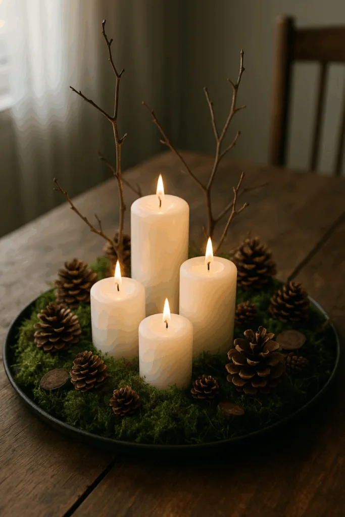 Natürliche Tischdeko Winter mit Moos, Tannenzapfen, Zweigen und Kerzen