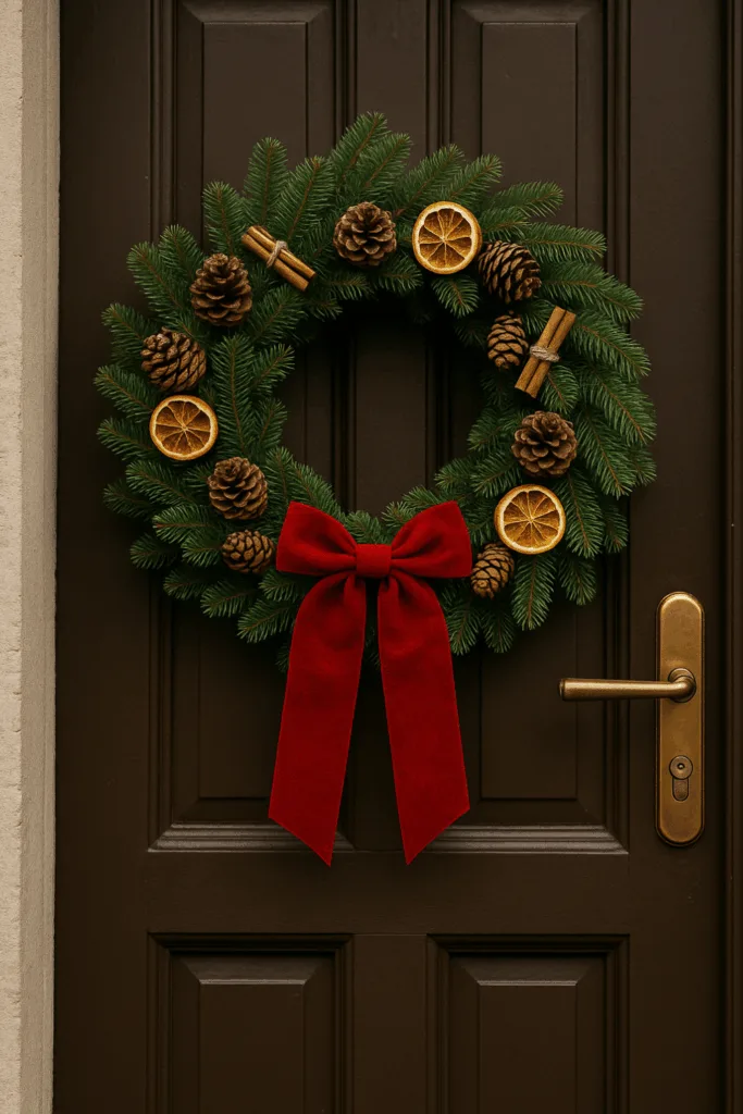 Weihnachtsdeko Haustür - 5 Ideen & Tipps zum Nachmachen Weihnachtliche Haustür mit klassischem Türkranz aus Tannenzweigen, Zapfen und roter Schleife