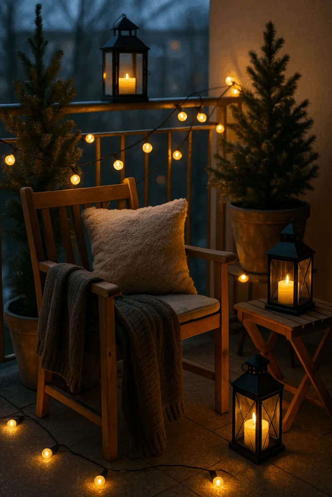 Winterlich dekorierter Balkon mit Lichterkette, Laternen und gemütlichem Stuhl