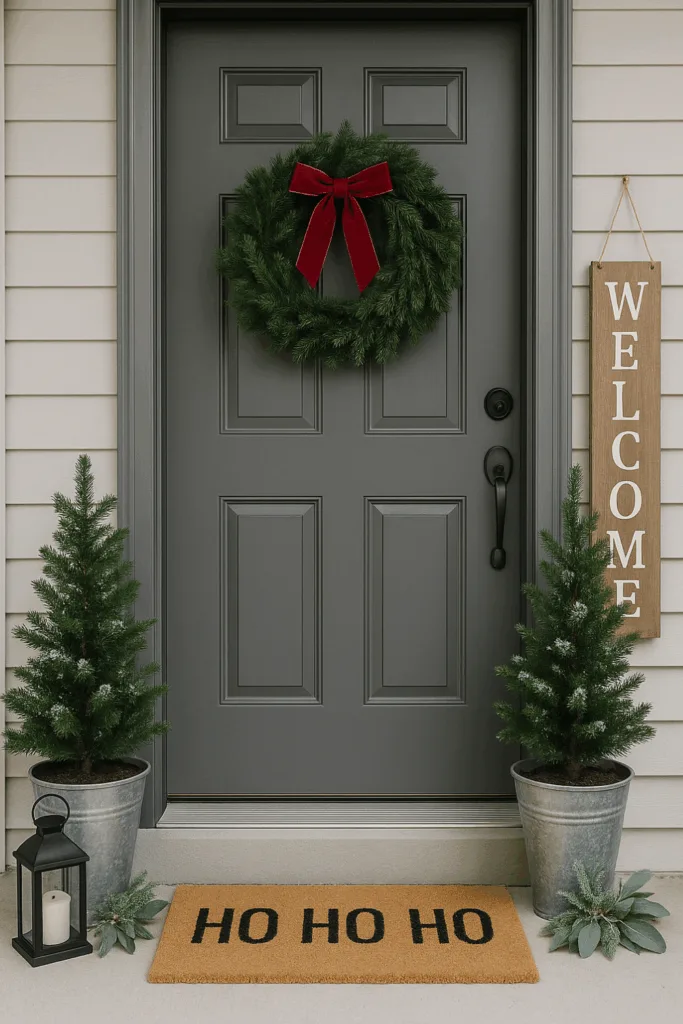 Weihnachtsdeko Haustür - 5 Ideen & Tipps zum Nachmachen Weihnachtliche Haustürdeko mit Fußmatte, Tannen in Töpfen und Türkranz