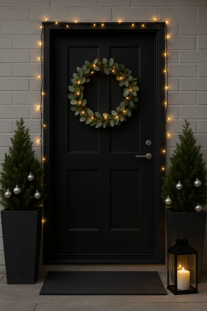 Weihnachtsdeko Haustür - 5 Ideen & Tipps zum Nachmachen Moderne Weihnachtsdeko Haustür mit Eukalyptuskranz, Lichterkette und Laternen