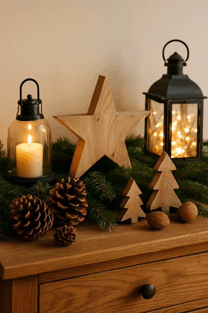 Weihnachtsdeko für die Kommode - Die 5 schönsten Ideen Natürliche Weihnachtsdeko für die Kommode mit Holzstern, Tannenzweigen, Laternen und warmem Licht