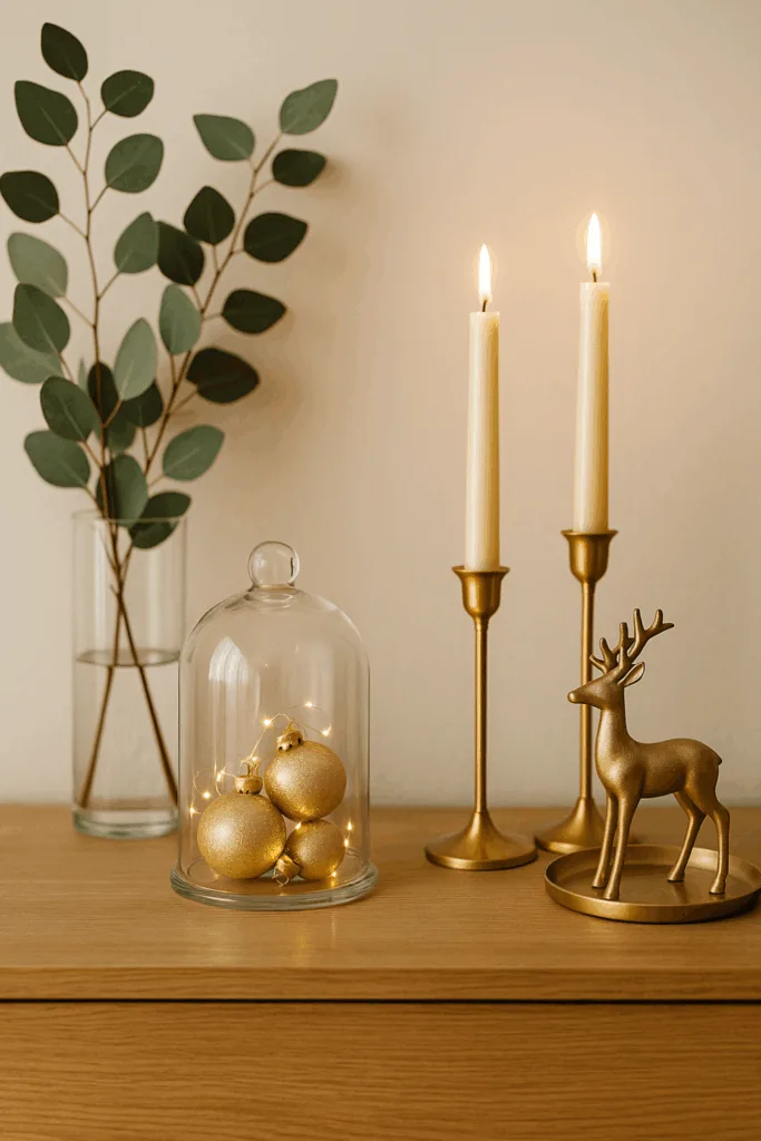 Weihnachtsdeko für die Kommode - Die 5 schönsten Ideen Elegante Weihnachtsdeko für die Kommode mit goldenen Kerzenhaltern, Glasglocke und Kugeln in Gold