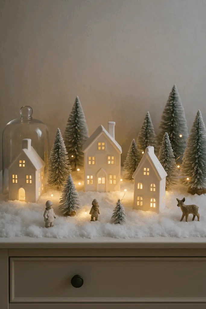 Weihnachtsdeko für die Kommode - Die 5 schönsten Ideen Weihnachtsdeko Schneelandschaft Kommode mit Häusern, Bäumen und warmem Licht