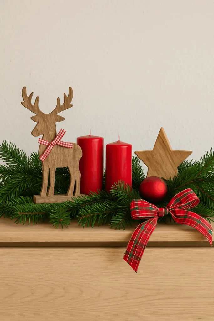 Weihnachtsdeko für die Kommode - Die 5 schönsten Ideen Traditionelle Weihnachtsdeko für die Kommode mit roten Kerzen, Tannengrün und Holzfiguren im Rot-Grün-Look