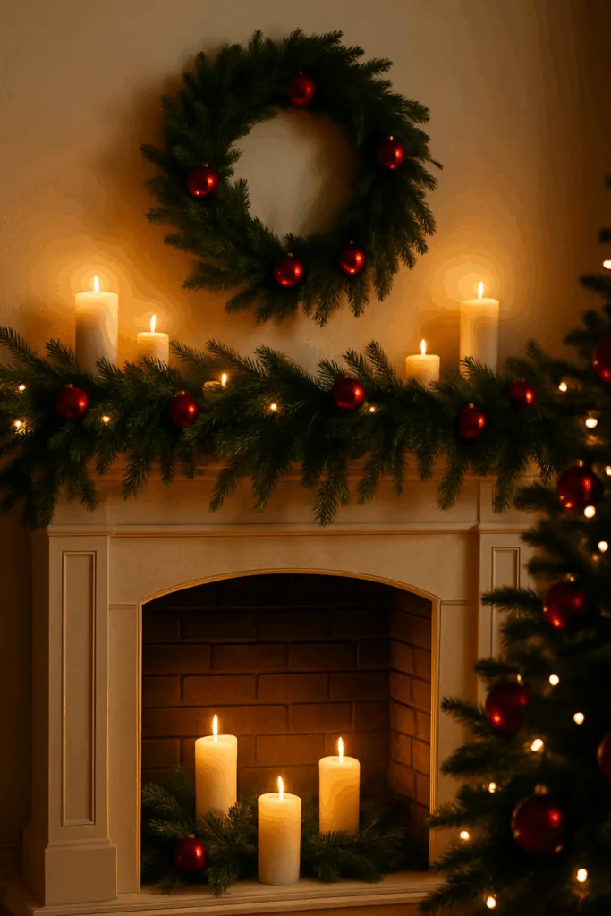 Weihnachtsdeko für den Kamin - 5 tolle Ideen zum Nachmachen Weihnachtsdeko für den Kamin mit Tannengrün, roten Kugeln und Kerzenlicht