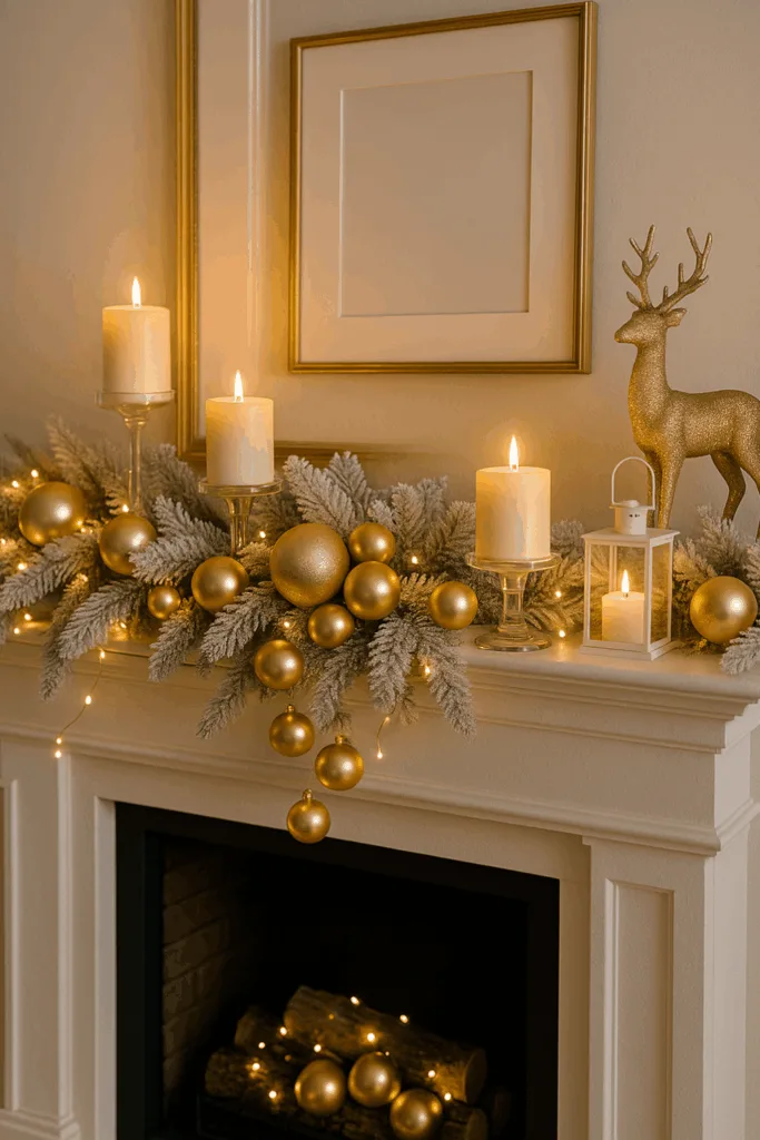 Weihnachtsdeko für den Kamin - 5 tolle Ideen zum Nachmachen Weihnachtsdeko Kamin mit goldenen Kugeln, weißen Kerzen und Tannenzweigen