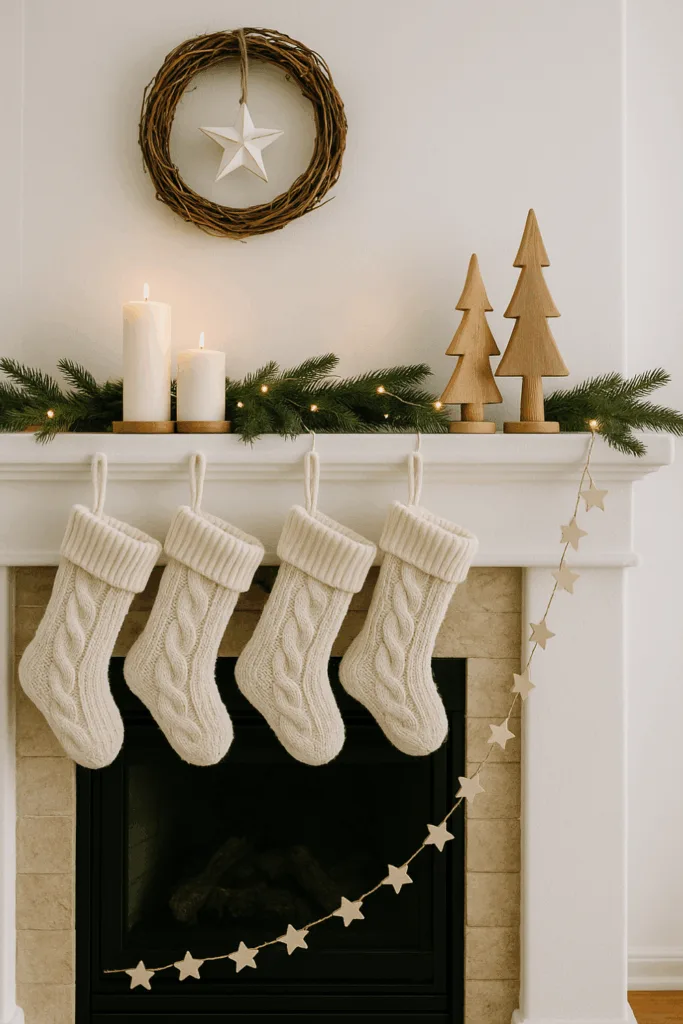 Weihnachtsdeko für den Kamin - 5 tolle Ideen zum Nachmachen Skandinavische Weihnachtsdeko am Kamin mit Holzfiguren, weißen Strümpfen und Lichterkette