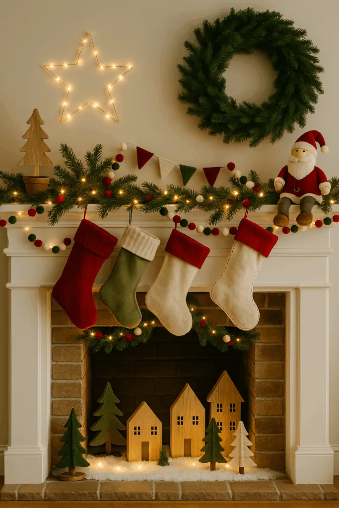 Weihnachtsdeko für den Kamin - 5 tolle Ideen zum Nachmachen Weihnachtsdeko für den Kamin mit Strümpfen, Lichterkette und Holzfiguren