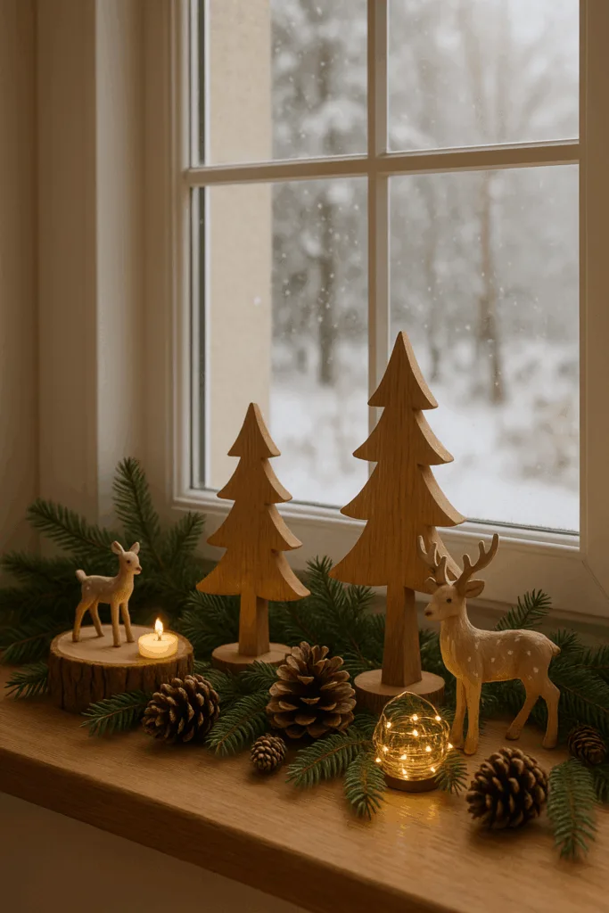 Weihnachtsdeko für die Fensterbank - 4 gemütliche Ideen für drinnen Weihnachtsdeko Fensterbank innen mit Holzbäumen, Rehfigur und Tannenzweigen