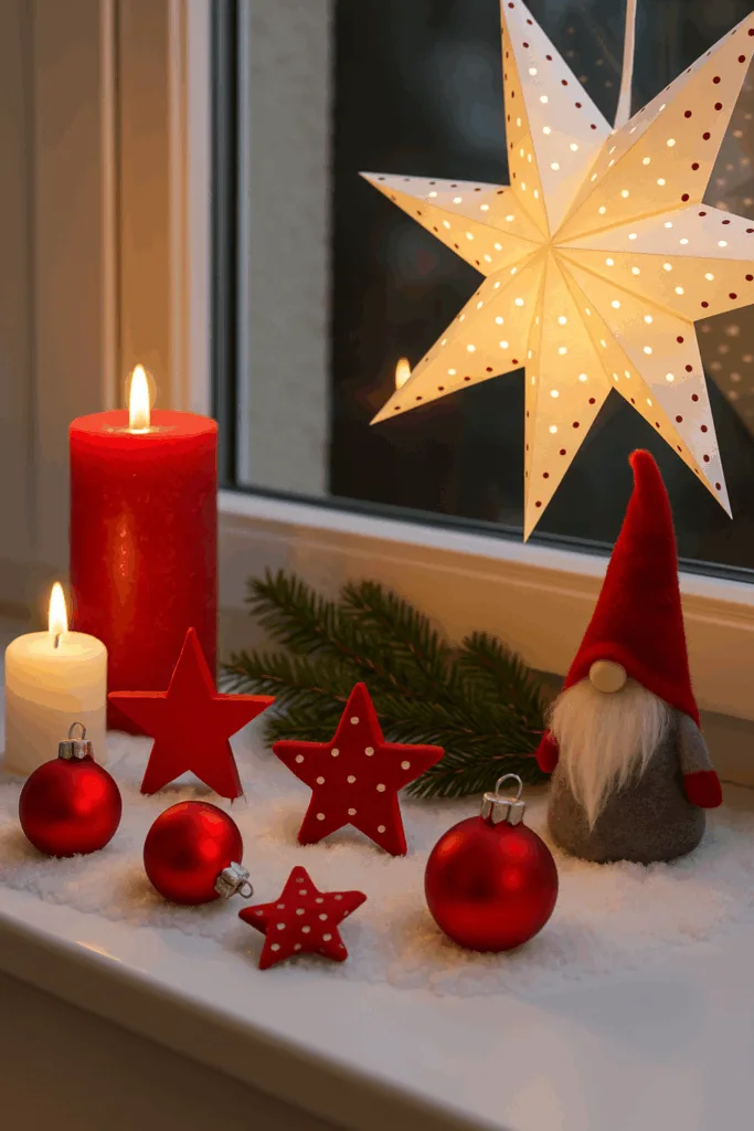 Weihnachtsdeko für die Fensterbank - 4 gemütliche Ideen für drinnen Weihnachtsdeko Fensterbank innen mit roten Kugeln, Kerzen und Wichtel im Rot-Weiß-Stil