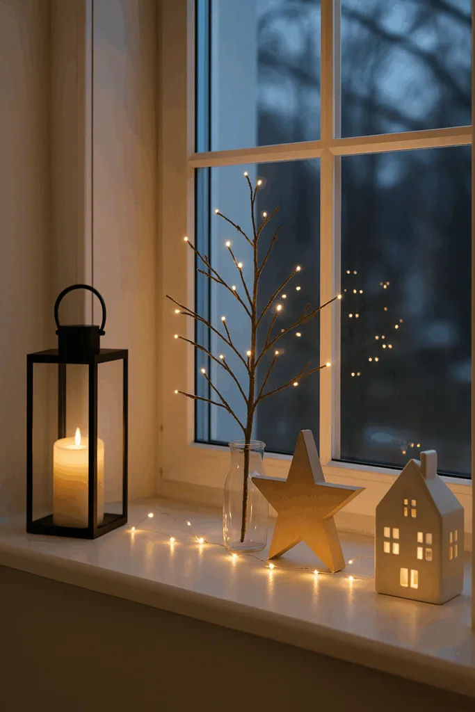 Weihnachtsdeko für die Fensterbank - 4 gemütliche Ideen für drinnen Minimalistische Weihnachtsdeko Fensterbank innen mit Laterne, Holzstern und LED-Lichtern