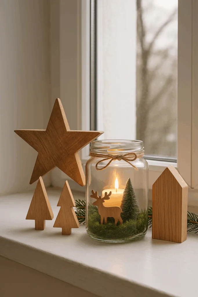 Weihnachtsdeko für die Fensterbank - 4 gemütliche Ideen für drinnen DIY Weihnachtsdeko für Fensterbank innen mit Holzsternen und Kerzenglas