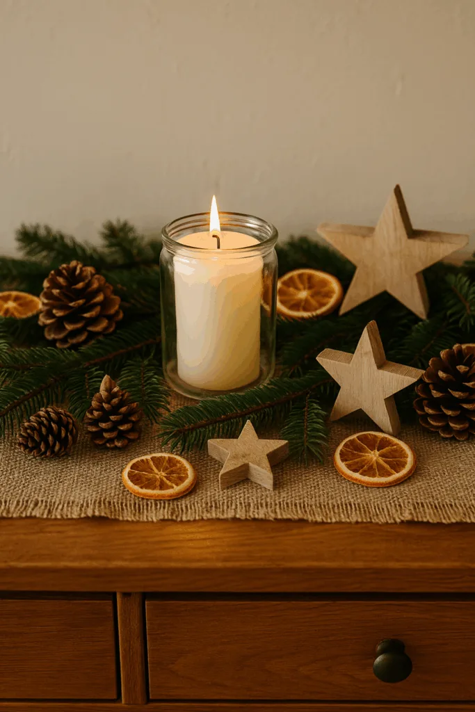 Rustikale Weihnachtsdeko auf Sideboard mit Tannenzweigen, Holzsternen und Kerze