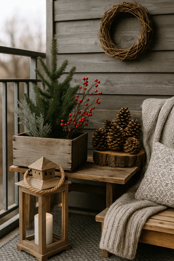 Winterliche Balkon-Deko mit Holzlaterne, Tannenzweigen, Beeren und Kissen