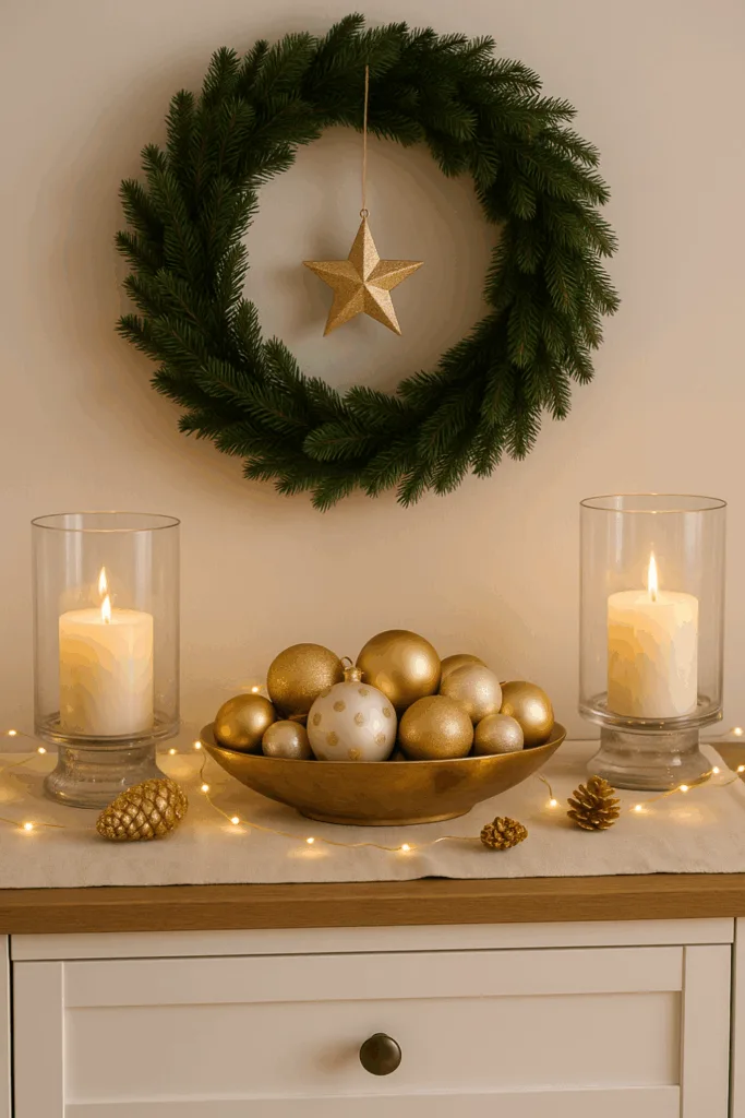 Weihnachtsdeko für Sideboard mit goldenen Kugeln, weißen Kerzen und Lichterkette