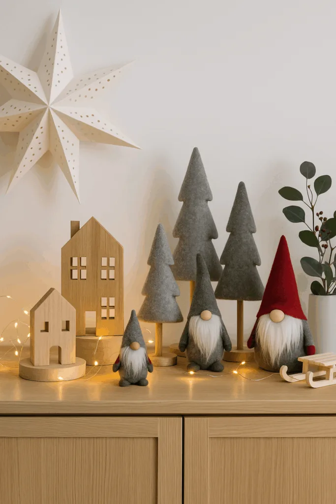 Skandinavische Weihnachtsdeko fürs Sideboard mit Holz, Filz und Lichterkette