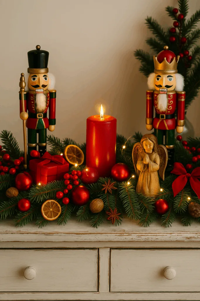 Traditionelle Weihnachtsdeko fürs Sideboard mit Tannenzweigen, roten Kugeln und Nussknackern