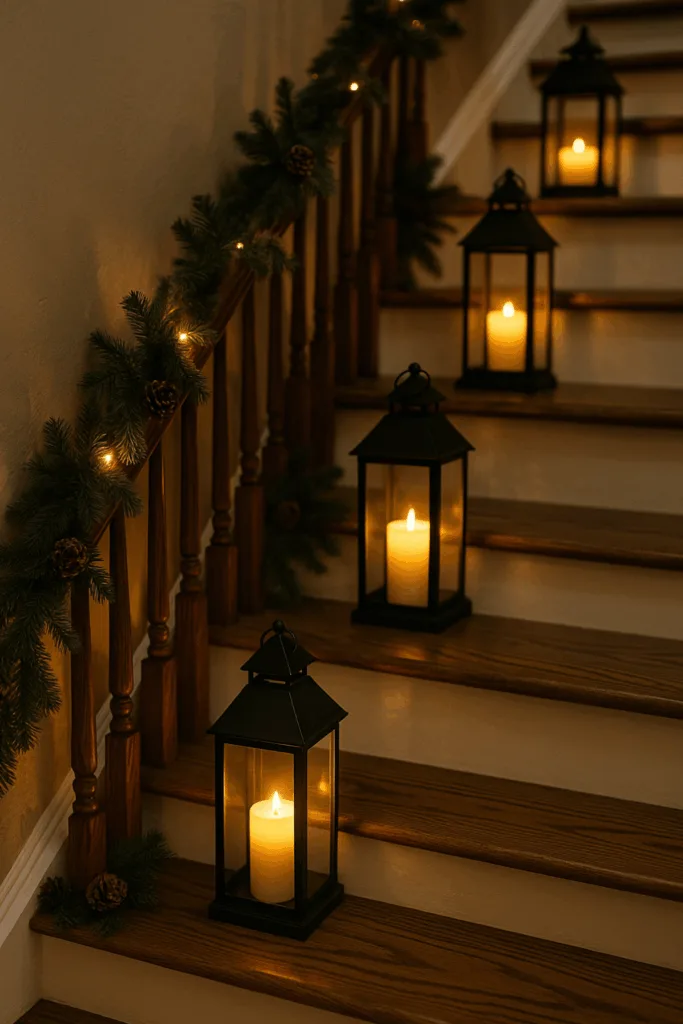 Weihnachtsdeko auf Treppenstufen mit Laternen und warmweißem Licht