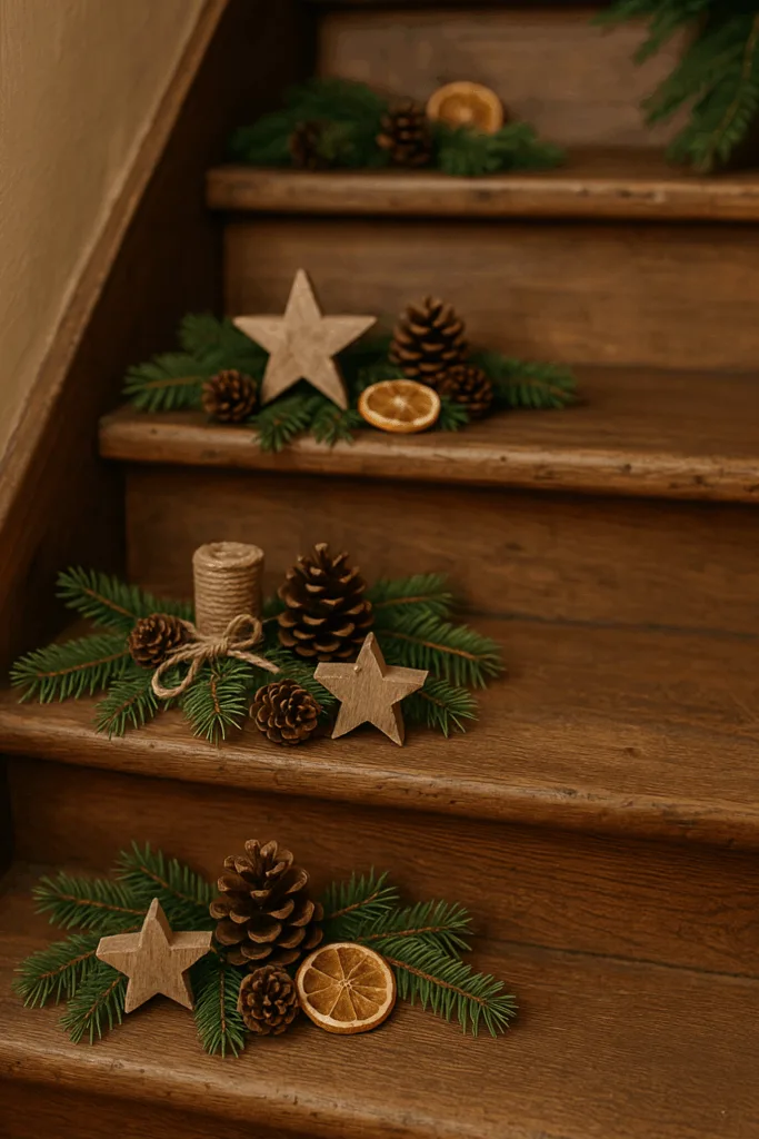Rustikale Weihnachtsdeko für Treppenstufen mit Tannenzweigen, Zapfen, Holzsternen und Orangenscheiben