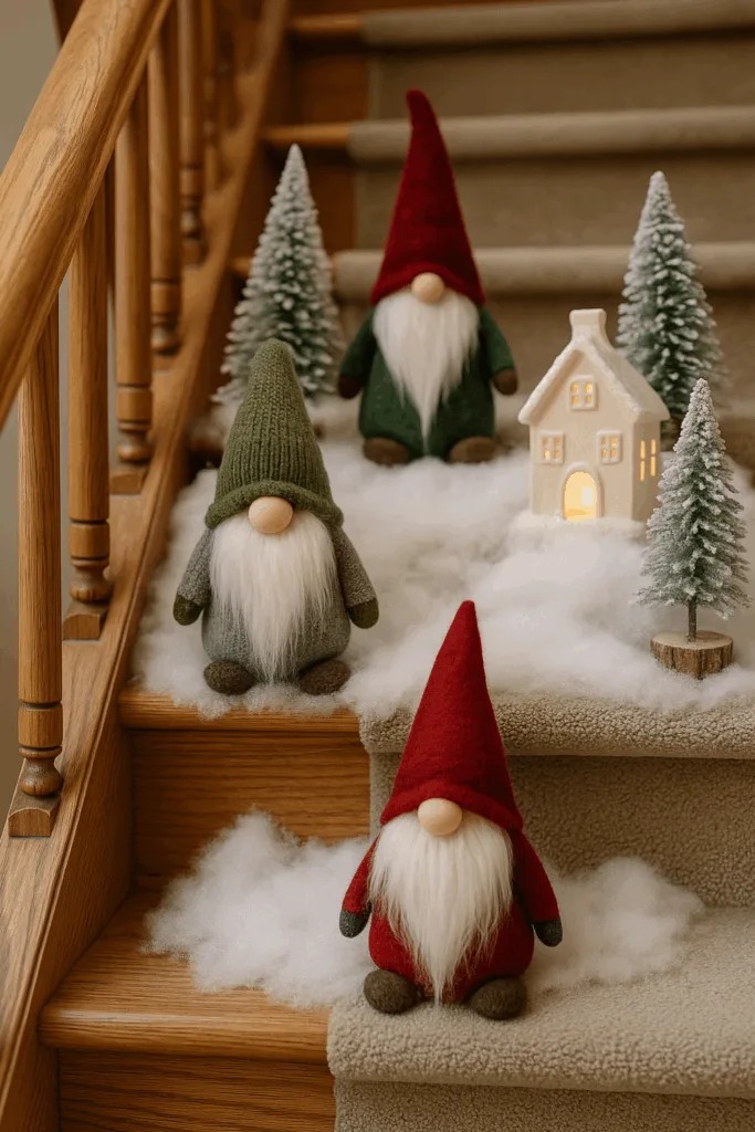 Weihnachtsdeko für Treppenstufen mit Wichteln, Mini-Tannen und winterlicher Szenerie