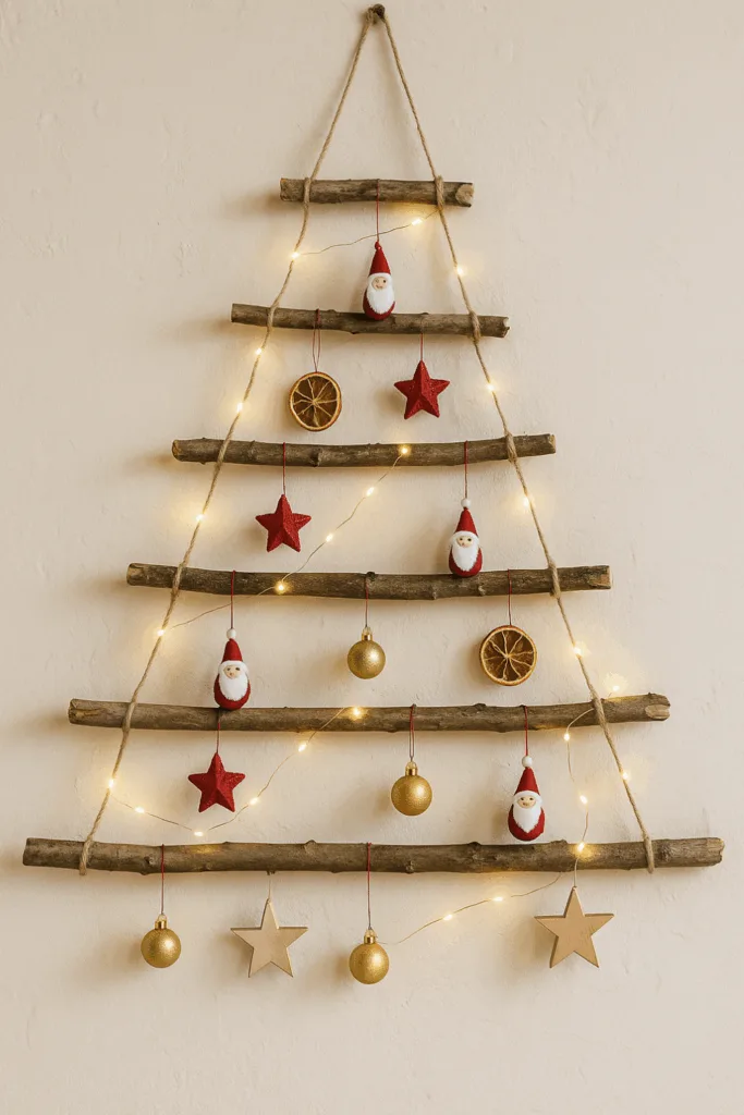 Weihnachtsdeko für die Wand aus Holzästen mit Lichterkette und Anhängern