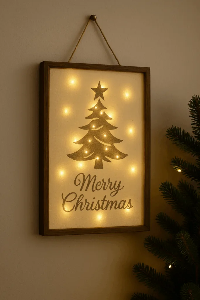 Leuchtendes Weihnachtsbild mit Holzrahmen und LED-Lichtern als Wanddeko