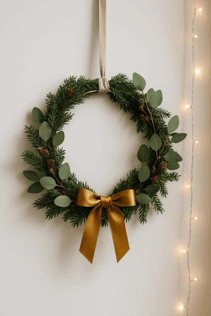 Weihnachtskranz für die Wand aus Tannengrün, Eukalyptus und goldener Schleife