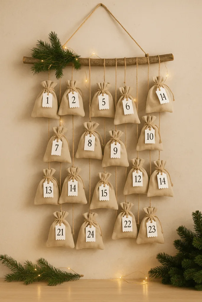 Selbstgemachter Adventskalender an der Wand aus Stoffbeuteln und Holz mit Lichterkette