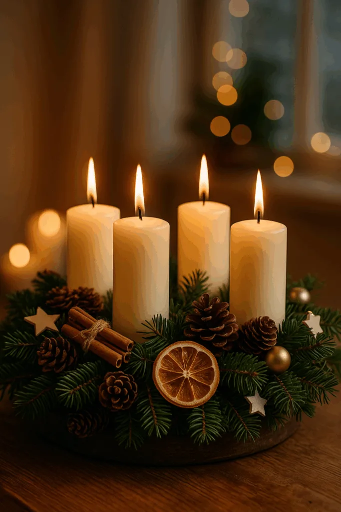 Natürliches Weihnachtsgesteck mit Tannenzweigen, Zapfen, Kerzen und Zimtstangen auf Holztisch.