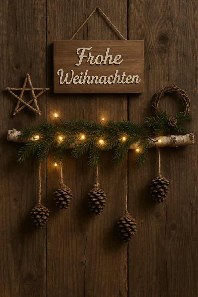 Holzschild mit Frohe-Weihnachten-Schriftzug, Tannenzweigen und Lichterkette an Wand