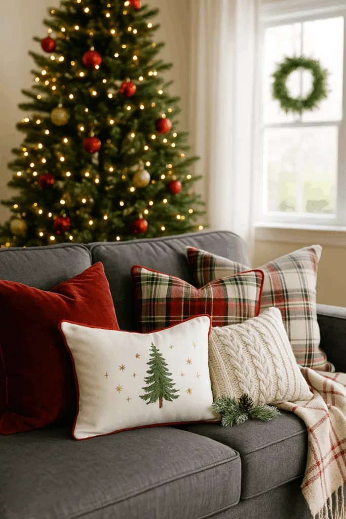 Weihnachtsdeko für das Sofa - 5 tolle Ideen für Gemütlichkeit Weihnachtsdeko für das Sofa mit roten Kissen und Tannenkissen vor Weihnachtsbaum
