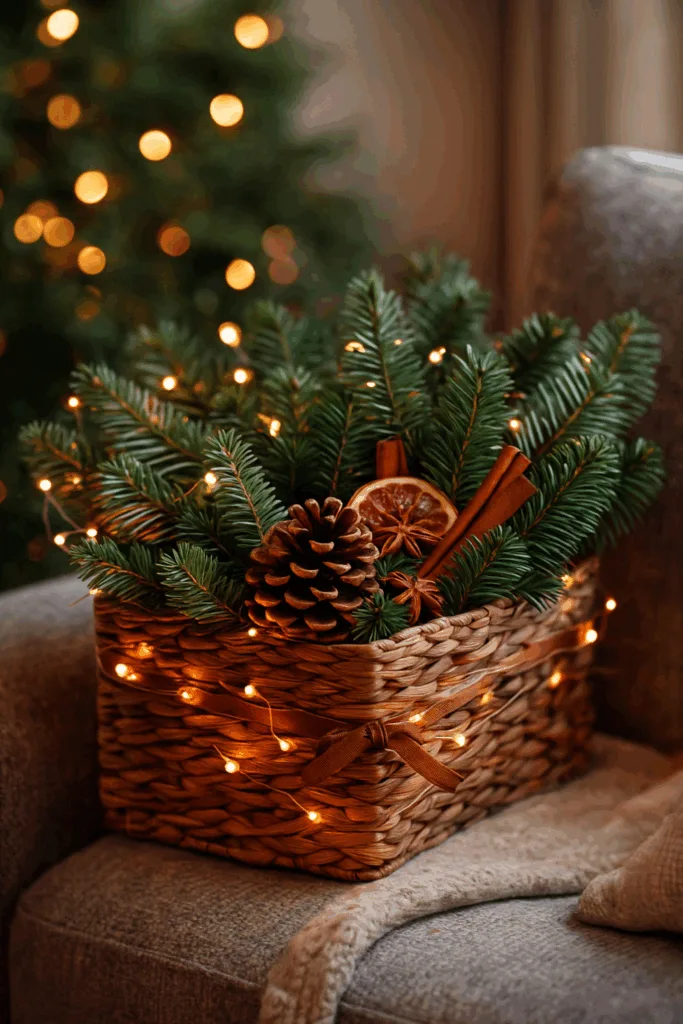 Weihnachtsdeko für das Sofa - 5 tolle Ideen für Gemütlichkeit Weihnachtskorb mit Tannenzweigen, Zimtstangen und Lichterkette auf Sofa – gemütliche Weihnachtsdeko für das Sofa
