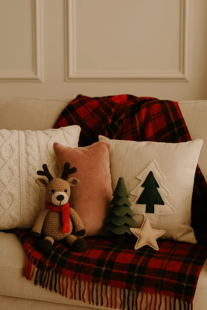 Weihnachtsdeko für das Sofa - 5 tolle Ideen für Gemütlichkeit Weihnachtsdeko Sofa mit Kissen, Decke und gehäkeltem Rentier
