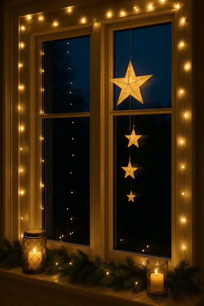Weihnachtsdeko Fenster mit Lichterkette, Sternen und Tannenzweigen im Abendlicht