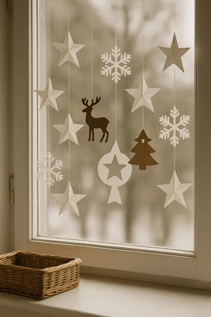 Fensterdeko mit Weihnachtsanhängern aus Papier und Holz im warmen Licht