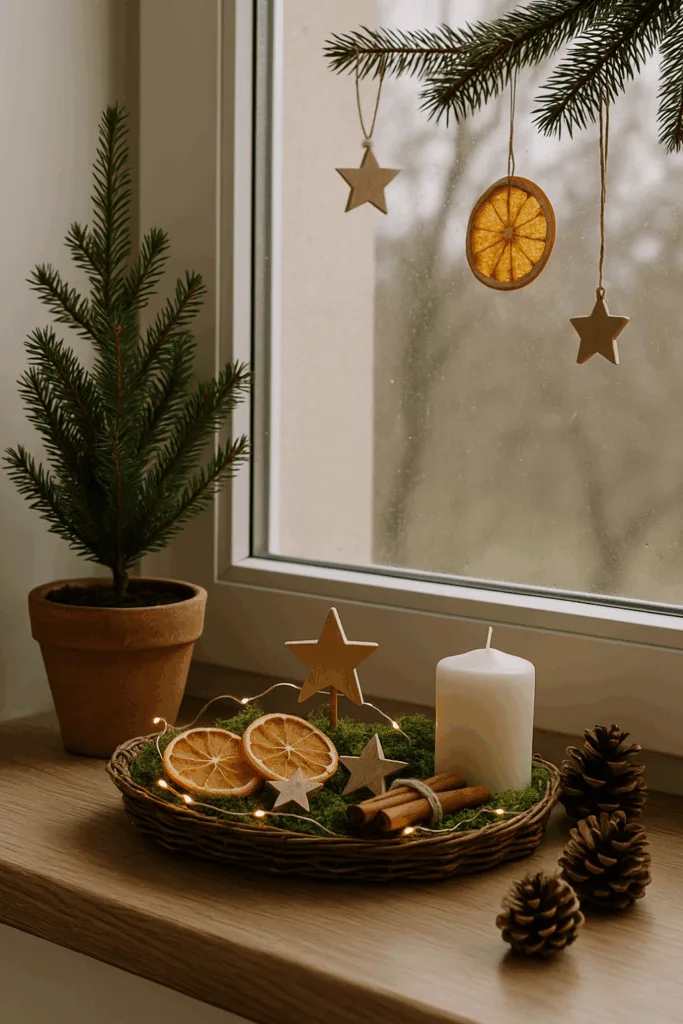 Weihnachtsdeko Fensterbank mit Tannenzweigen, Kerze, Orangenscheiben und Holzsternen