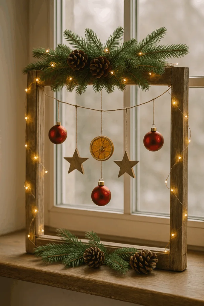 Rustikale Weihnachtsdeko am Fenster mit Holzrahmen, Lichterkette und Anhängern