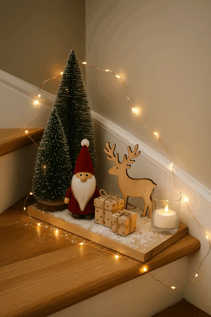 Mini-Weihnachtswelt mit Holzfigur, Tannenbaum und Lichterkette in Treppenecke