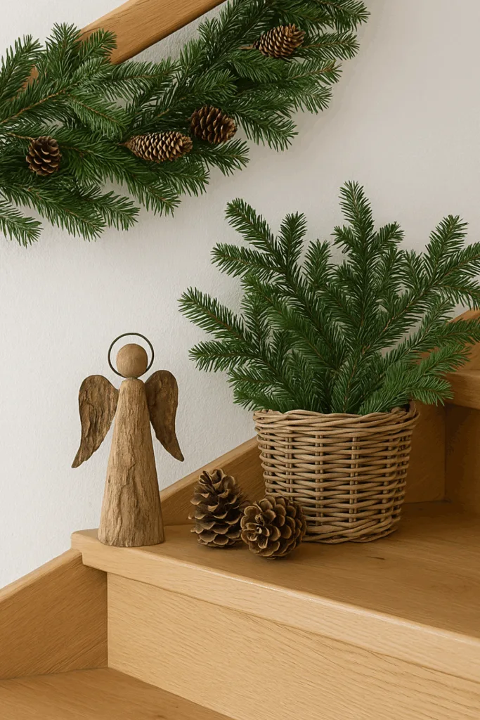 Rustikale Weihnachtsdeko Treppenecke mit Holzengel, Tannenzweigen und Zapfen