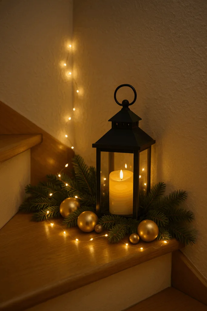 Weihnachtsdeko Treppenecke mit Laterne, goldenen Kugeln, Tannenzweigen und Lichterkette