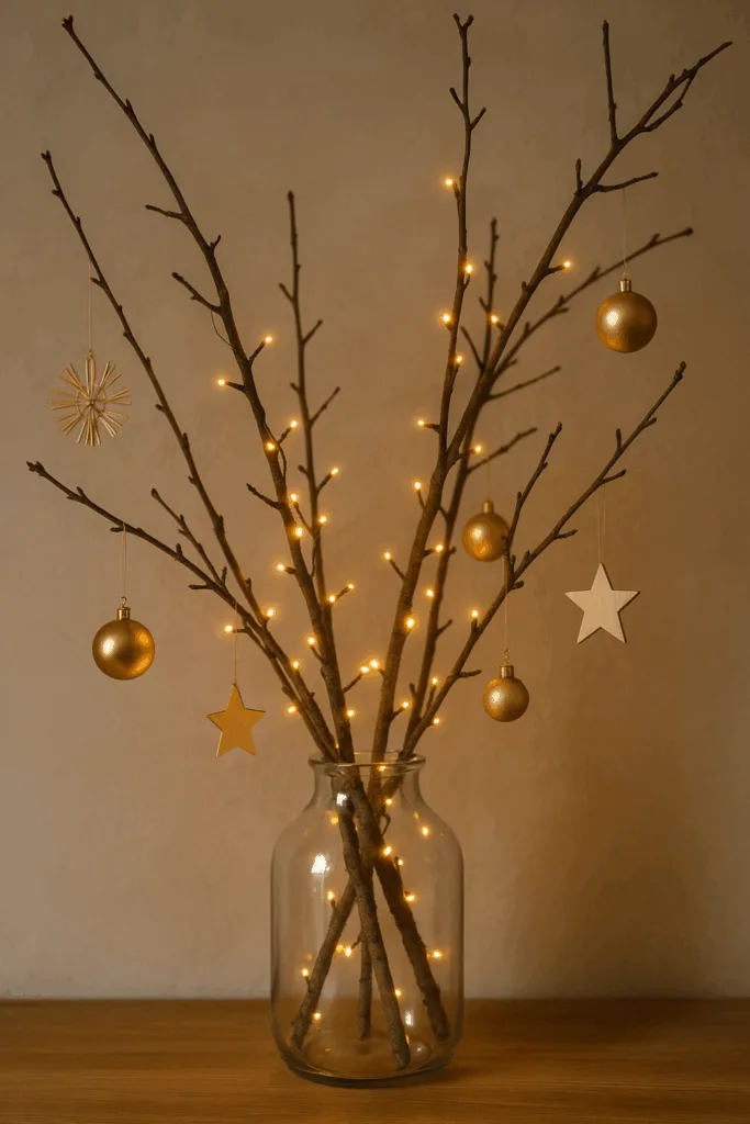 DIY Weihnachtsdeko ohne Baum mit beleuchteten Zweigen und goldenen Anhängern