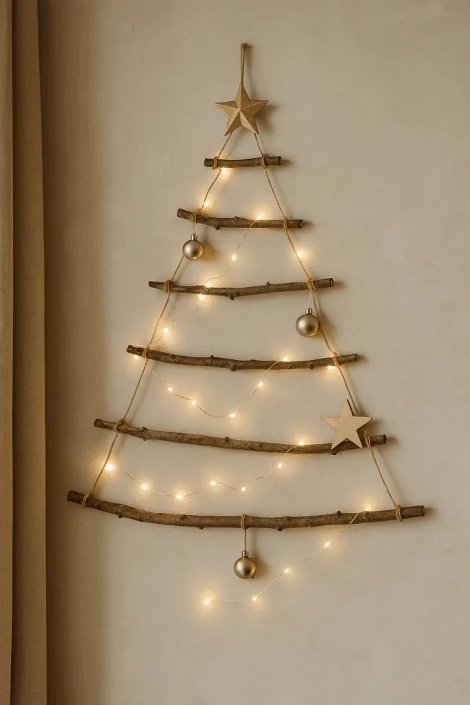 Minimalistischer Weihnachtsbaum aus Zweigen und Lichterkette an der Wand