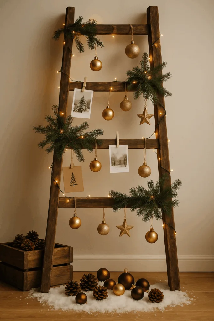 Rustikale Holzleiter als Weihnachtsdeko mit Lichterkette, Tannenzweigen und goldenen Kugeln