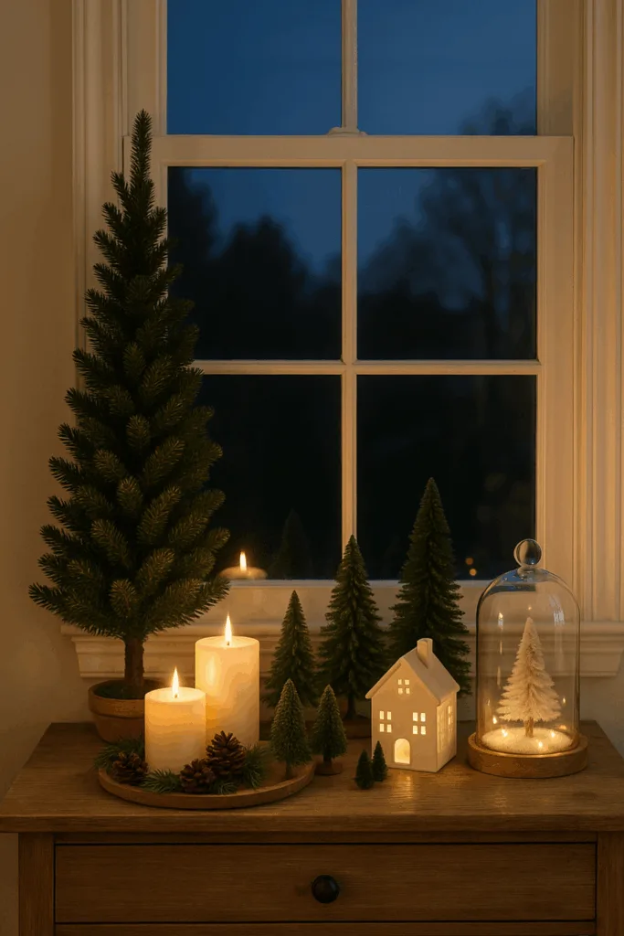 Weihnachtsdeko ohne Baum mit Kerzen, Miniatur-Tannen und beleuchtetem Häuschen