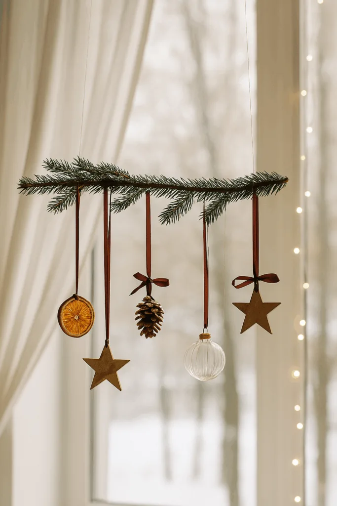 Hängende Weihnachtsdeko mit Zweigen, Sternen und Zapfen als Baum-Alternative