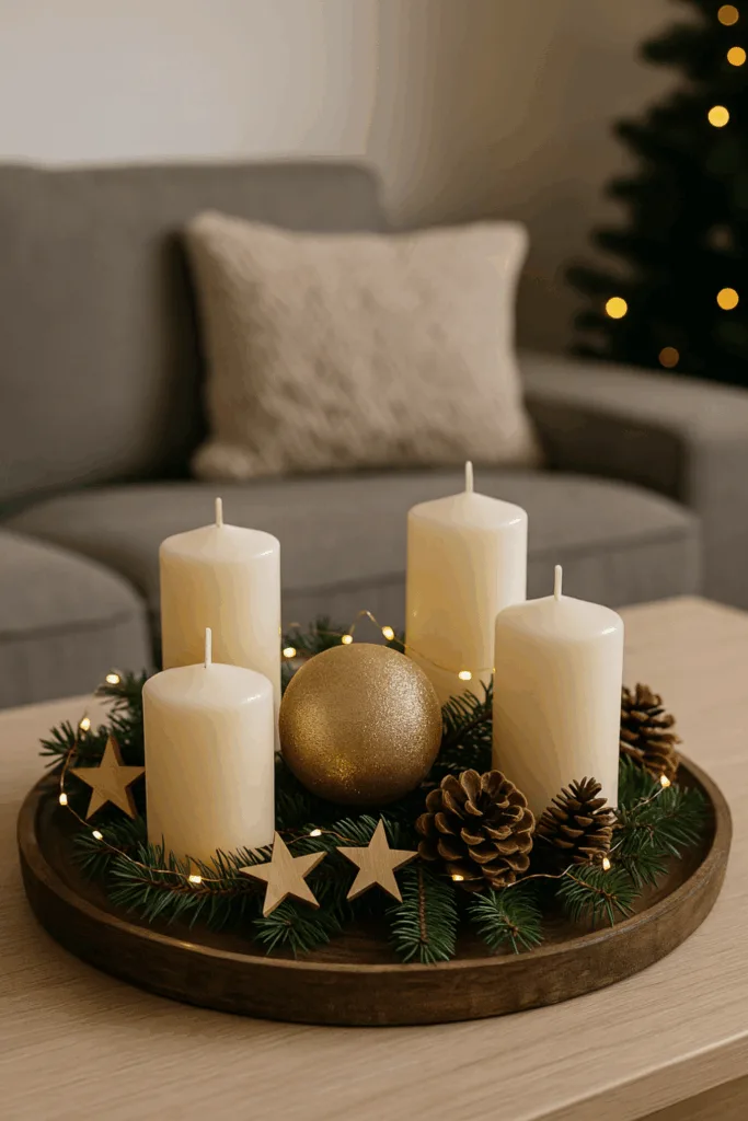 Moderner Adventsteller mit Kerzen, Tannenzweigen und Kugeln auf Wohnzimmertisch