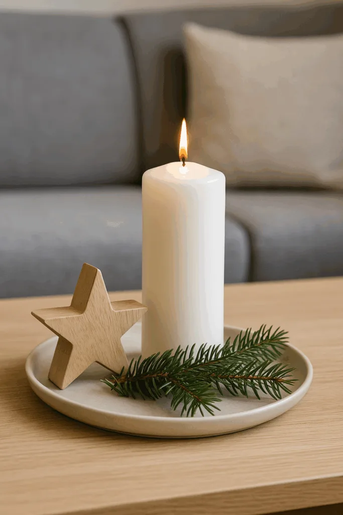 Minimalistische Weihnachtsdeko auf dem Wohnzimmertisch mit Kerze, Holzstern und Tannenzweig