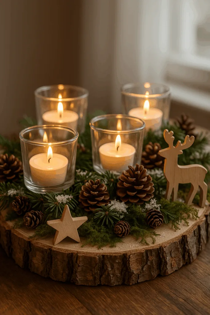 Rustikales Weihnachtsgesteck mit Holzbrett, Tannenzweigen, Teelichtern und Dekofiguren